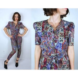 vintage 90s bold ABSTRACT PRINT Puff Sleeve JUMPSUIT xs/s rayon skinny legs boho